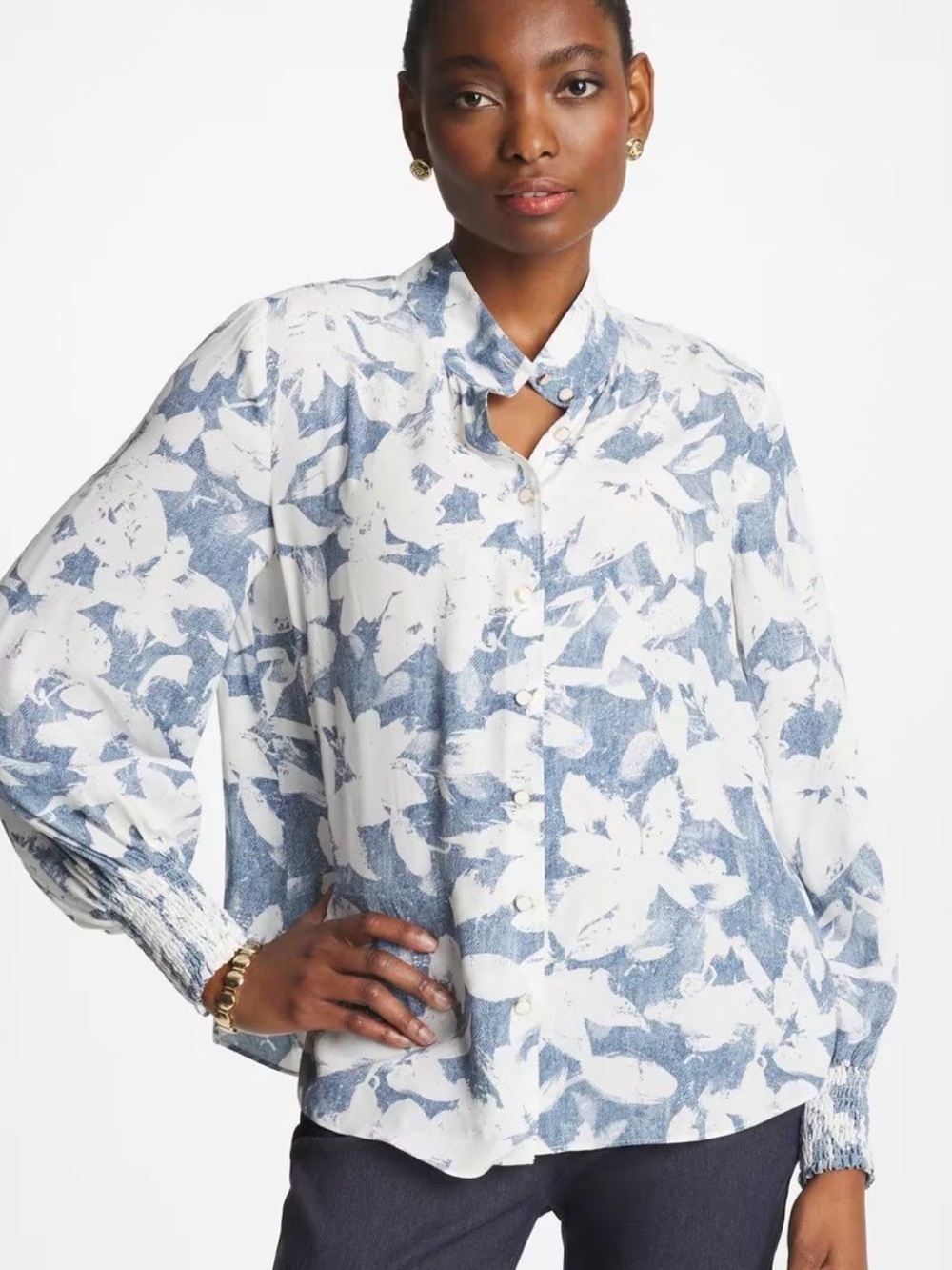 Chico's Blue and White Floral Tie-Neck Blouse